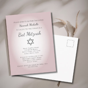 Elegant Blush Pink Simple Feminine Bat Mitzvah  Invitation Postcard