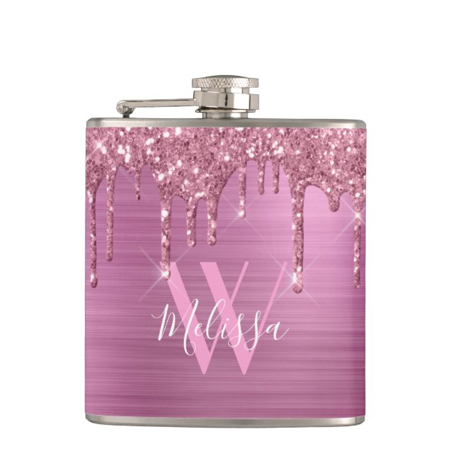 Elegant Blush Pink Sparkle Glitter Drips Monogram Hip Flask (Front)