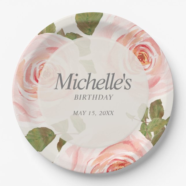 Elegant Blush Pink Springtime Floral Birthday  Paper Plate (Front)