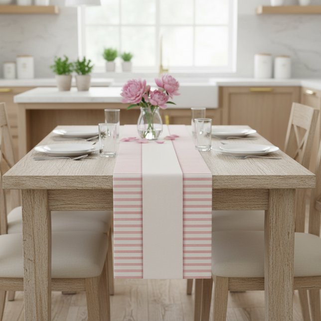 Elegant Blush Pink Striped Rose Gold Short Table Runner (Stylish rose gold table runner.)