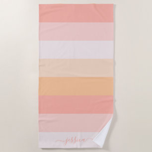 Elegant blush pink stripes script name beach towel