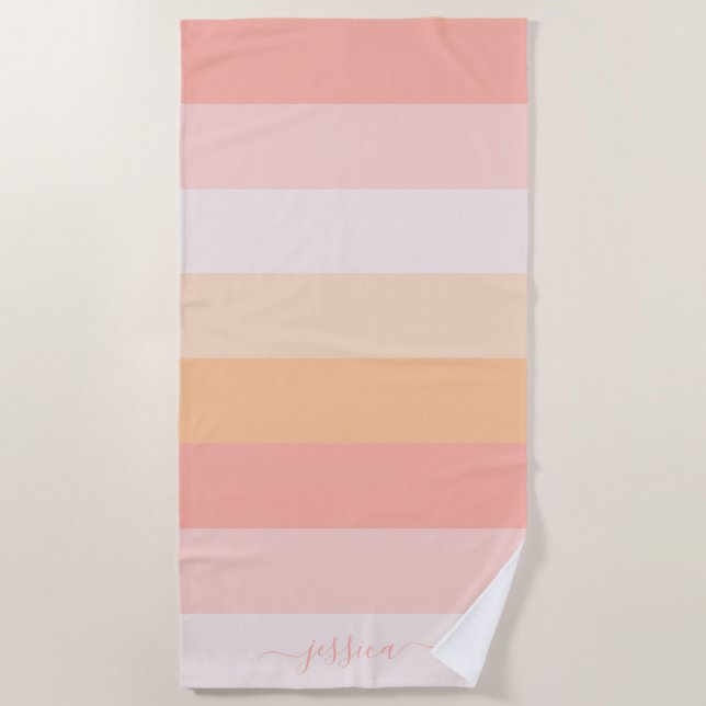 Elegant blush pink stripes script name beach towel (Front)