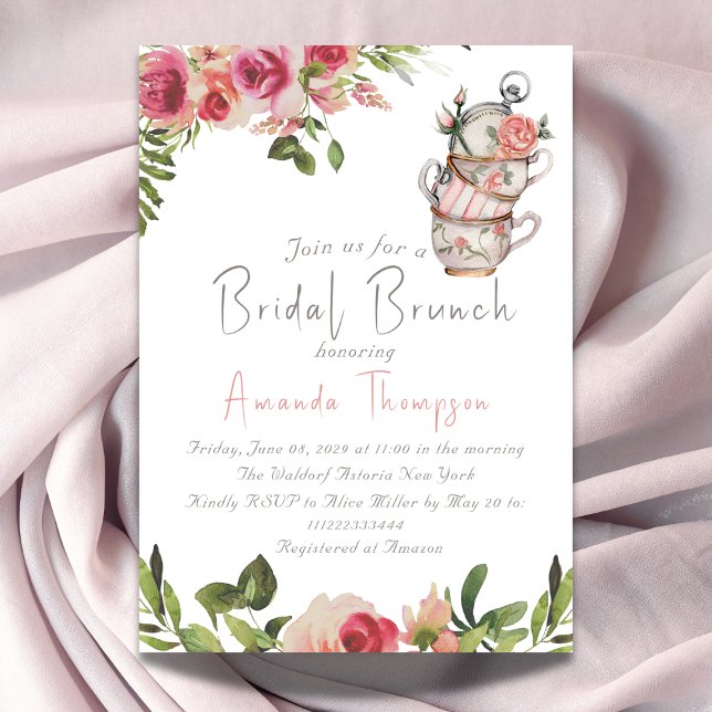 Elegant Blush Pink Tea Brunch Floral Bridal Shower Invitation (Creator Uploaded)