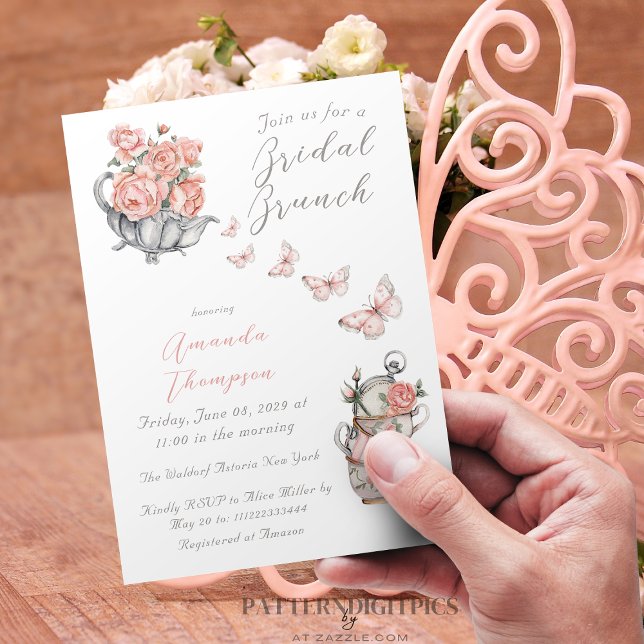 Elegant Blush Pink Tea Brunch Floral Bridal Shower Invitation (Creator Uploaded)