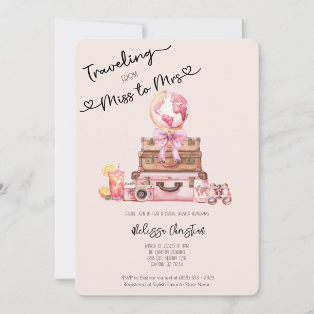 Elegant Blush Pink Travel Adventure Bridal Shower  Invitation (Front)