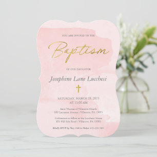 Elegant Blush Pink Watercolor and Gold Baptism Invitation