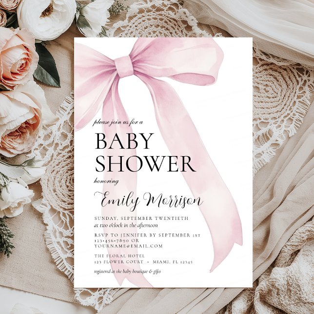 Elegant Blush Pink Watercolor Bow Girl Baby Shower Invitation (Creator Uploaded)
