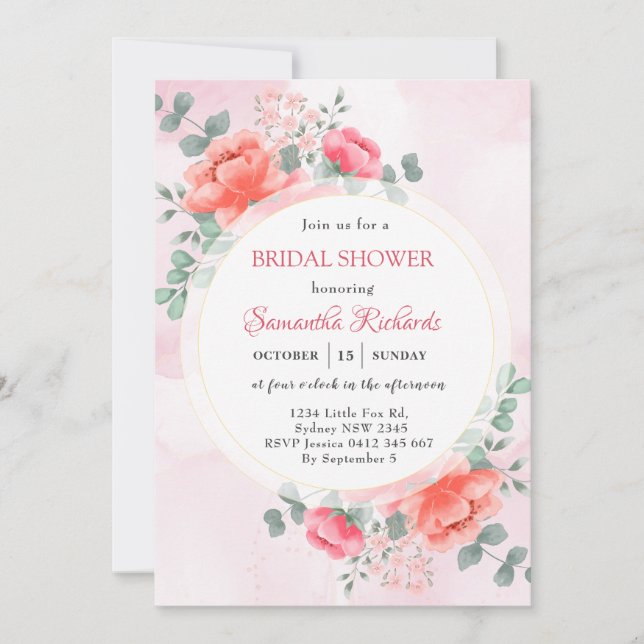 Elegant blush pink watercolor bridal shower invitation (Front)