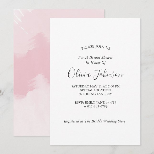 Elegant Blush Pink Watercolor Bridal Shower Invitation (Front/Back)