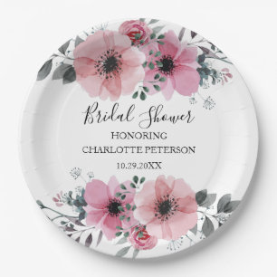 Elegant Blush Pink Watercolor Floral Bridal Shower Paper Plate