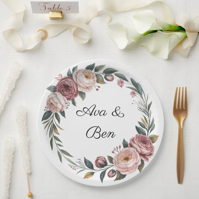 Elegant Blush Pink Watercolor Floral Wedding Paper Plate (Wedding)
