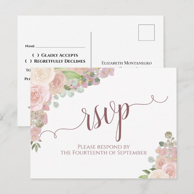 Elegant Blush Pink Watercolor Floral Wedding RSVP Postcard (Front/Back)
