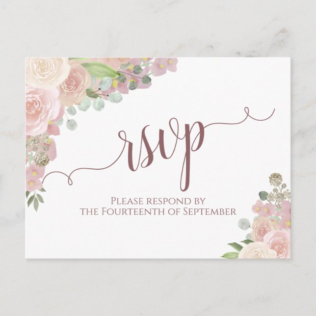 Elegant Blush Pink Watercolor Floral Wedding RSVP Postcard (Front)