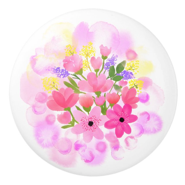 Elegant Blush Pink Watercolor Flowers Ceramic Knob (Front)