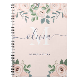 Elegant Blush Pink Watercolor Flowers Monogram Notebook