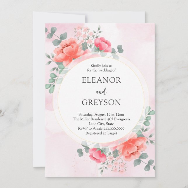 Elegant blush pink watercolor flowers wedding  invitation (Front)