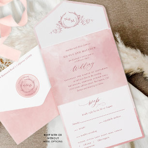 Elegant Blush Pink Watercolor Monogram Wedding All All In One Invitation