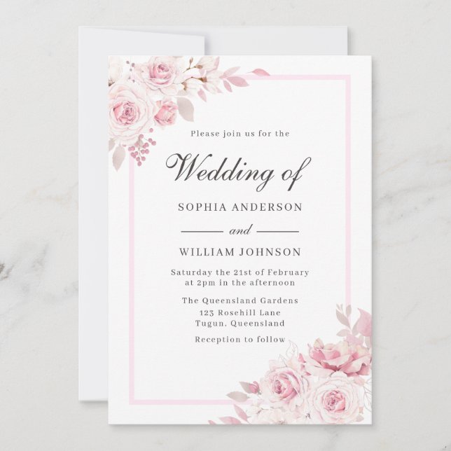 Elegant Blush Pink Watercolor Roses Wedding  Invitation (Front)