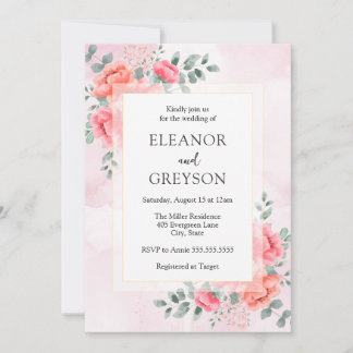 Elegant blush pink watercolor wildflower wedding invitation