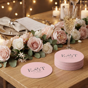 Elegant Blush Pink Wedding Couples Initials Round Paper Coaster