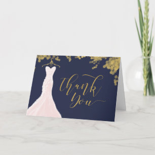 Elegant Blush Pink Wedding Dress Navy & Gold Thank You Card