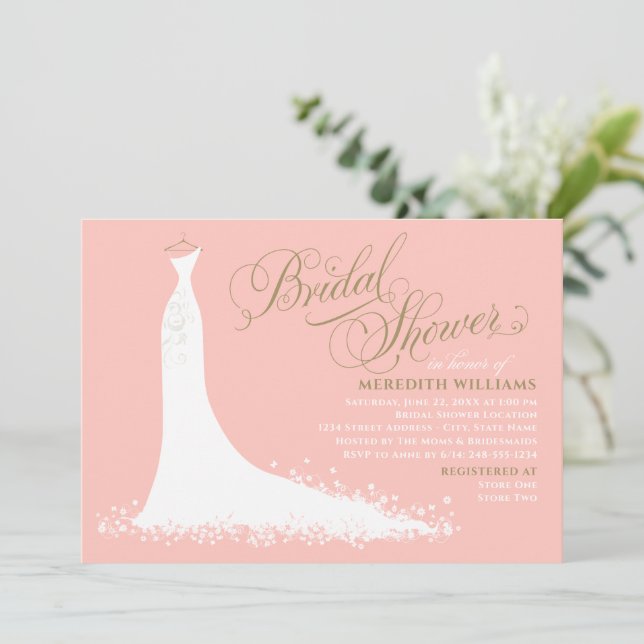 Elegant Blush Pink Wedding Gown Bridal Shower Invitation (Standing Front)