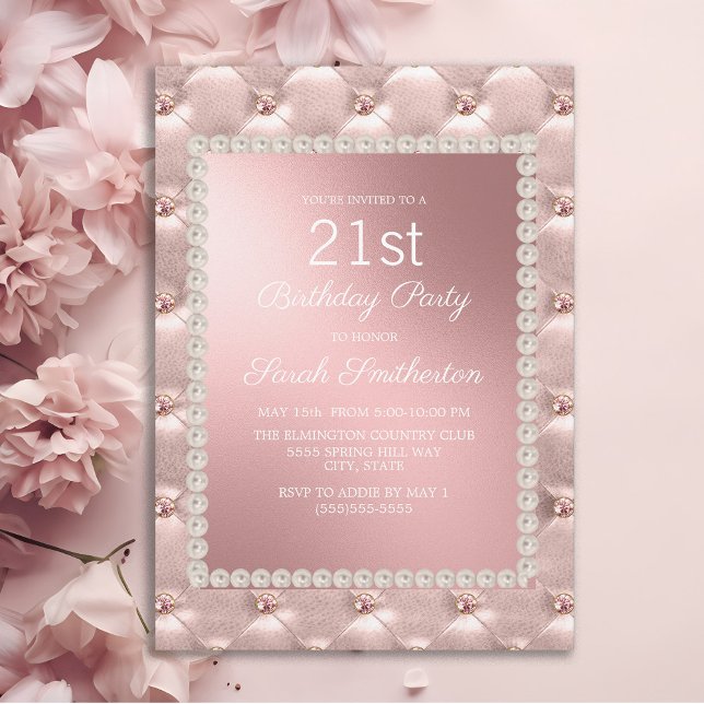Elegant Blush Pink White 21st Birthday Party Invitation (Elegant pink tufted 21st birthday party invitation)