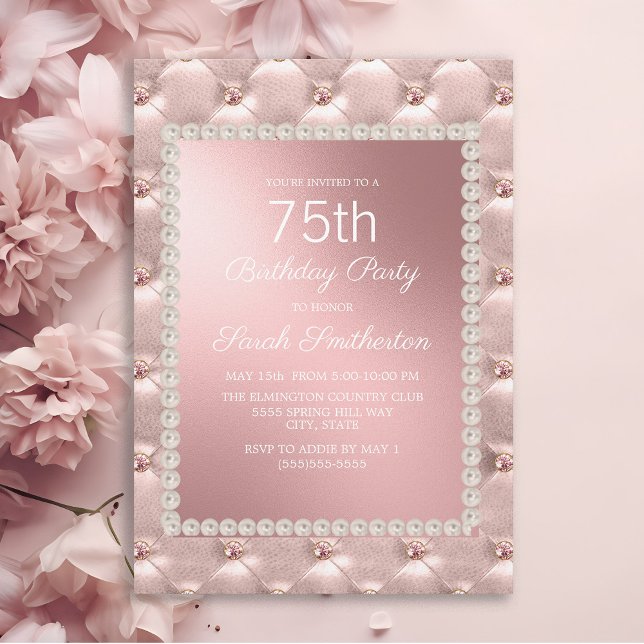 Elegant Blush Pink White 70th Birthday Party Invitation (Elegant pink tufted women's 75th birthday party invitation)