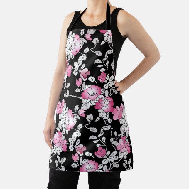 Elegant Blush Pink White Black Floral Pattern Apron (Insitu)