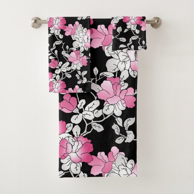 Elegant Blush Pink White Black Floral Pattern Bath Towel Set (Insitu)