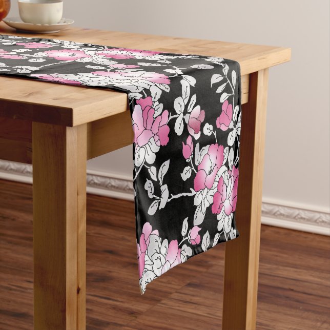 Elegant Blush Pink White Black Floral Pattern Short Table Runner (In Situ)
