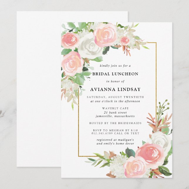 Elegant Blush Pink White Floral Bridal Luncheon Invitation (Front/Back)