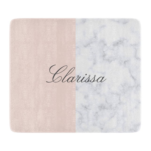 Elegant blush pink & white marble colour block cutting board (Front)