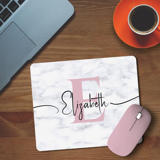 Elegant Blush Pink White Marble Simple Monogrammed Mouse Pad (Creator Uploaded)