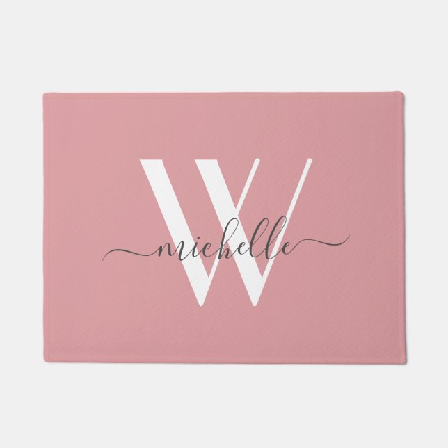 Elegant Blush Pink White Monogram Name Script Doormat (Front)