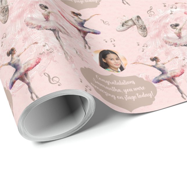 Elegant Blush Pink White Name Text Photo Ballerina Wrapping Paper (Roll Corner)
