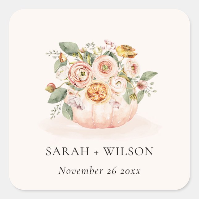 Elegant Blush Pink White Pumpkin Floral Wedding Square Sticker (Front)