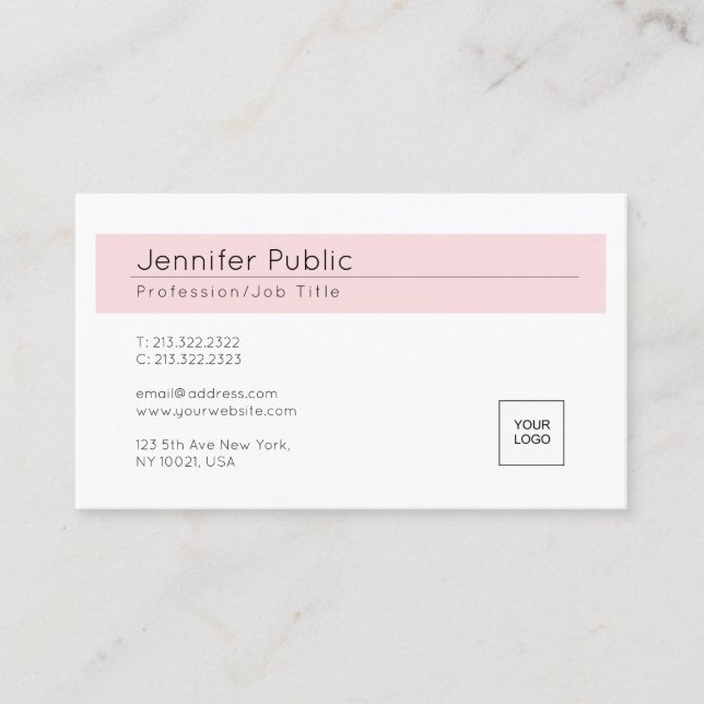 Elegant Blush Pink White Trendy Add Your Logo Business Card (Front)