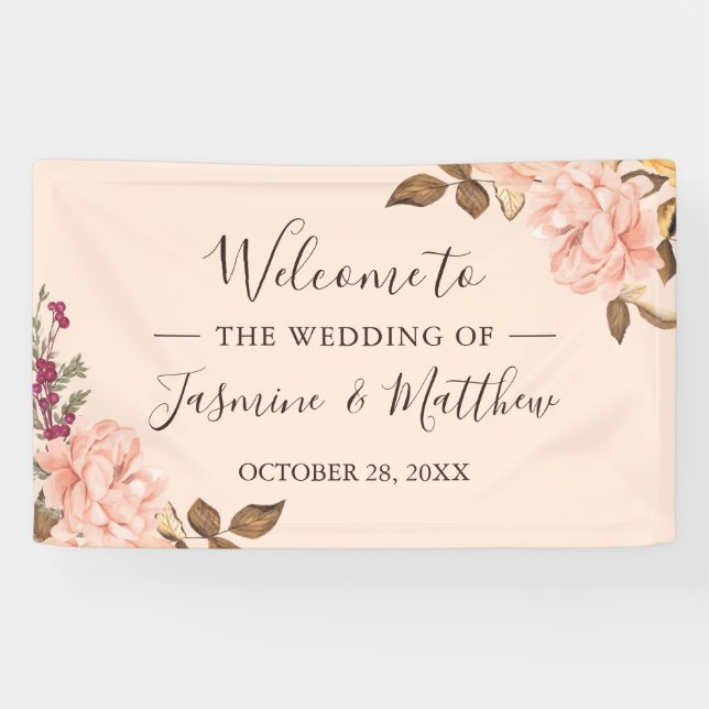 Elegant Blush Pink Wild Floral Wedding Party Banner (Horizontal)