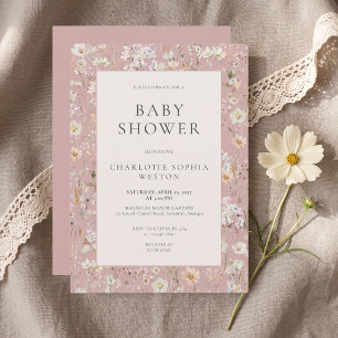 Elegant Blush Pink Wildflower QR Code Baby Shower  Invitation