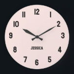 Elegant Blush Pink With Black Numbers Personised Large Clock<br><div class="desc">You can customise the Blush pink background colour with personalised sport text to create your own wall clock gift. This girly modern solid lilac colour will be perfect as personised gift.</div>
