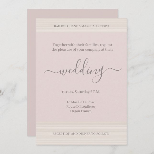 Elegant Blush Pink Wood Grain Stripes Chic Wedding Invitation (Front/Back)