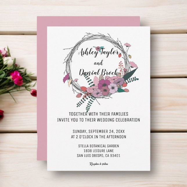 Elegant blush pink wreath botanical floral Wedding Invitation (Creator Uploaded)