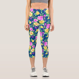 Elegant Blush Pink Yellow Rose Floral Pattern Capri Leggings