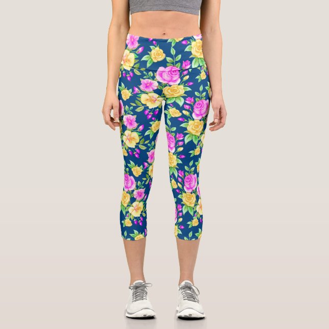 Elegant Blush Pink Yellow Rose Floral Pattern Capri Leggings (Front)