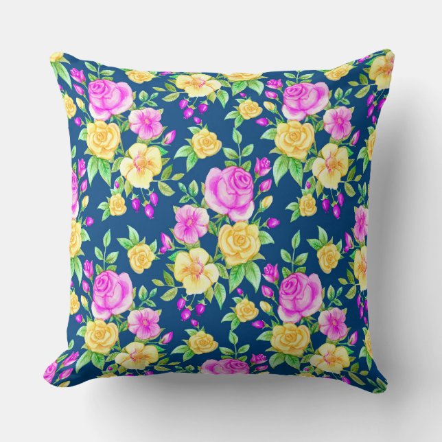 Elegant Blush Pink Yellow Rose Floral Pattern Cushion (Front)