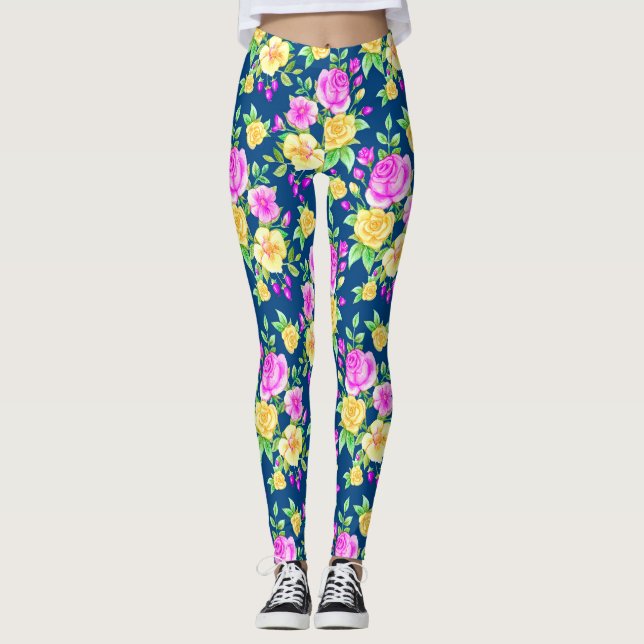 Elegant Blush Pink Yellow Rose Floral Pattern Leggings (Front)