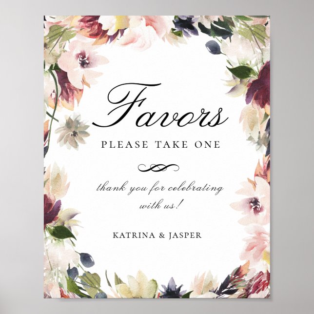 Elegant Blush Plum Floral Favor Wedding Sign (Front)
