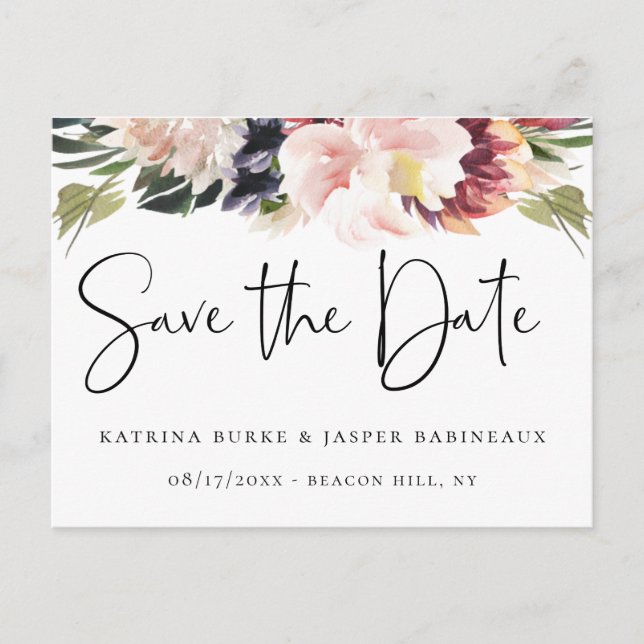 Elegant Blush Plum Floral Save the Date Announcement Postcard (Front)