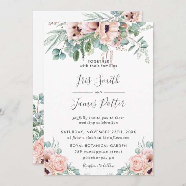 Elegant Blush Poppy Rose Floral Greenery Wedding Invitation (Front/Back)